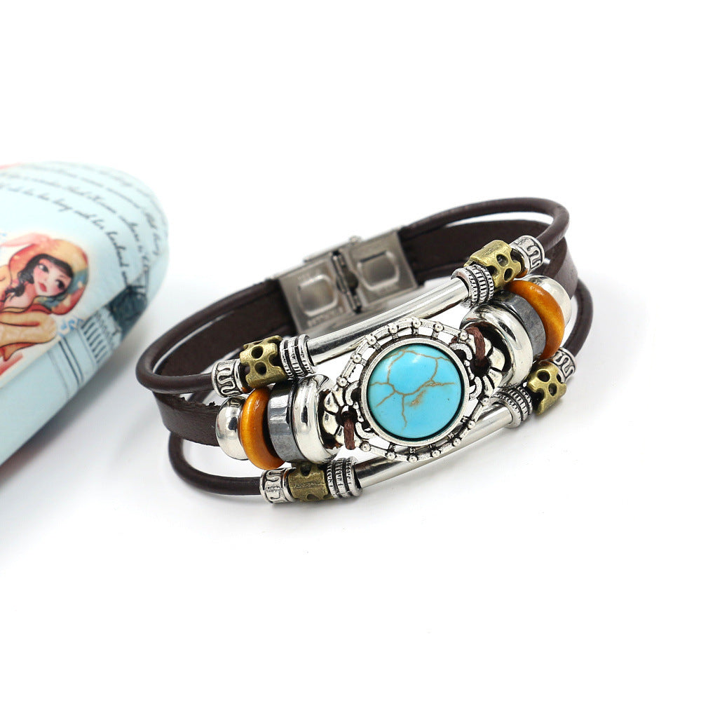 Wholesale Turquoise Beads Leather Stainless Steel Bracelet