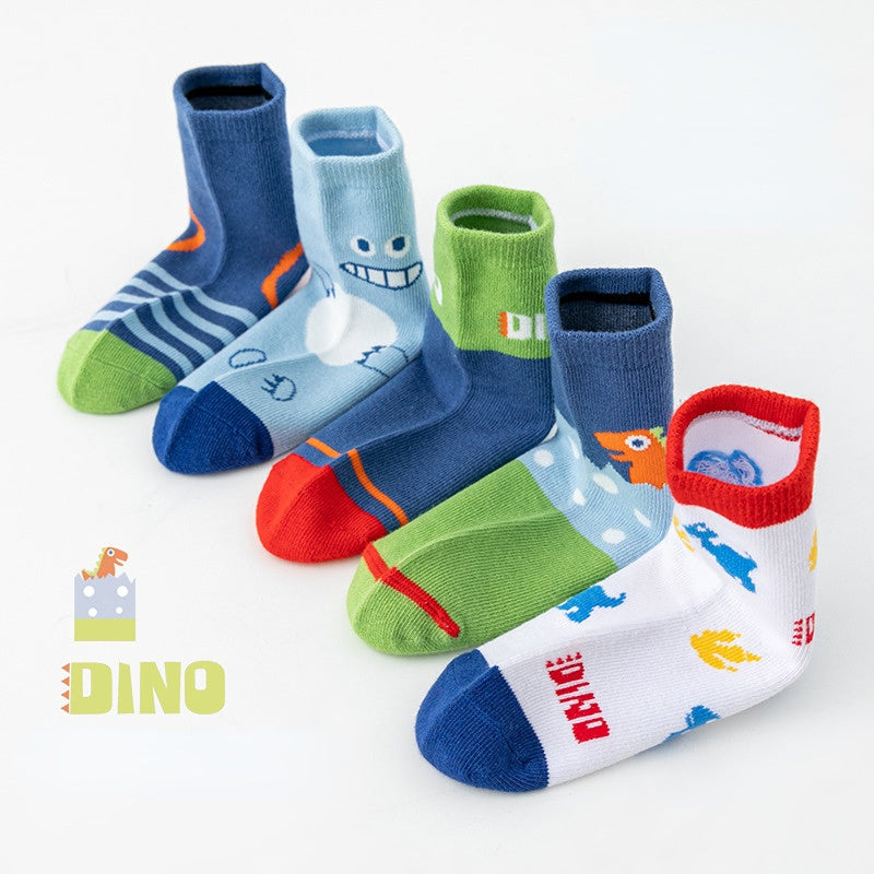 Venta al por mayor 5 pares/paquete de calcetines de dinosaurio de dibujos animados para niños de algodón