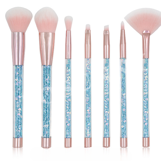 Plastic al por mayor de 7 piezas Mango de partícula de cristal transparente Juego de cepillo de maquillaje