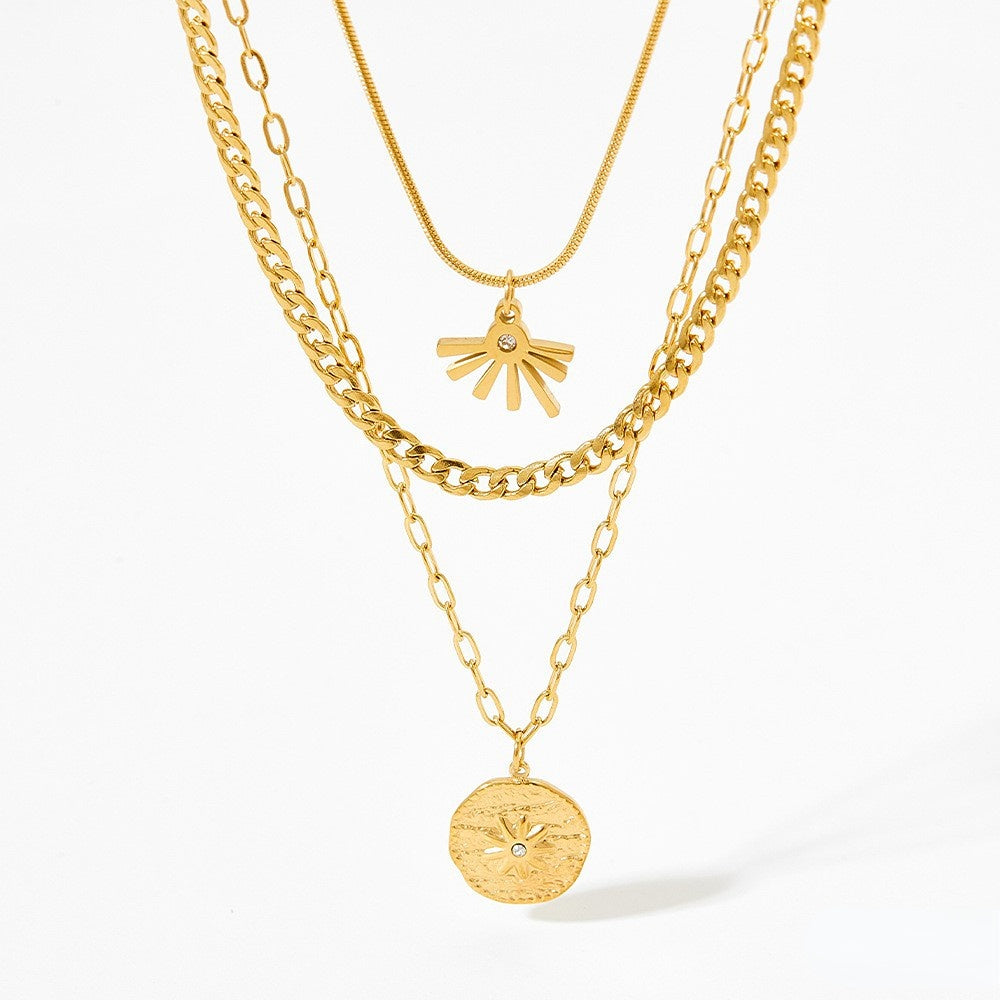 Wholesale Stainless Steel Gold-plated Geometric Medal Sun Flower Pendant Clavicle Necklace