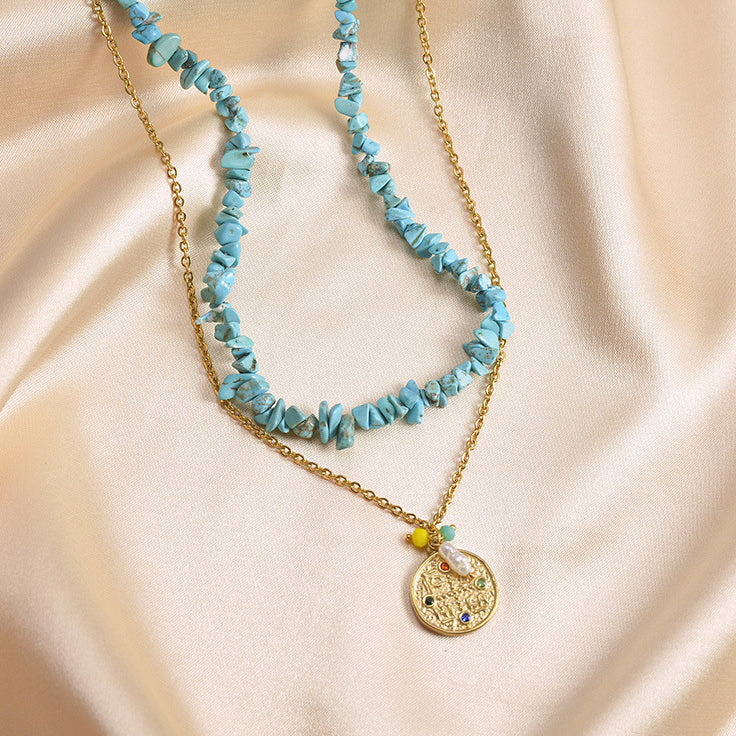 Colgante de medalla de acero inoxidable al por mayor Collar de doble capa de grava natural multicolor