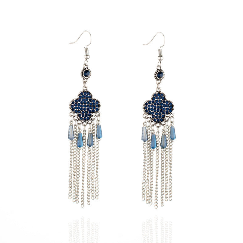 Wholesale Clover Full Diamond Tassel Alloy Earrings