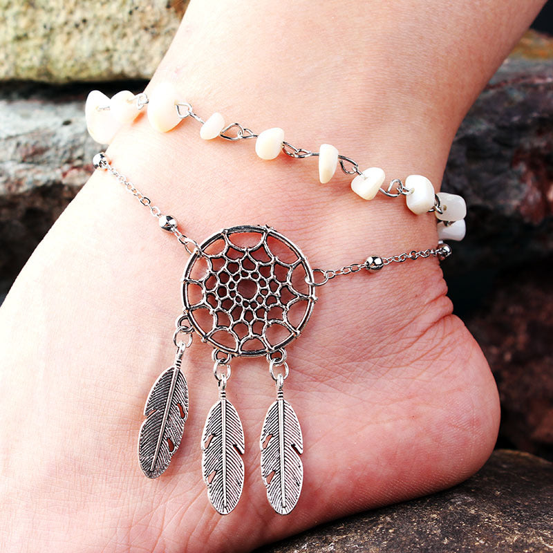 Wholesale Alloy Peacock Turquoise Hollow Dream Catcher Feather Anklet