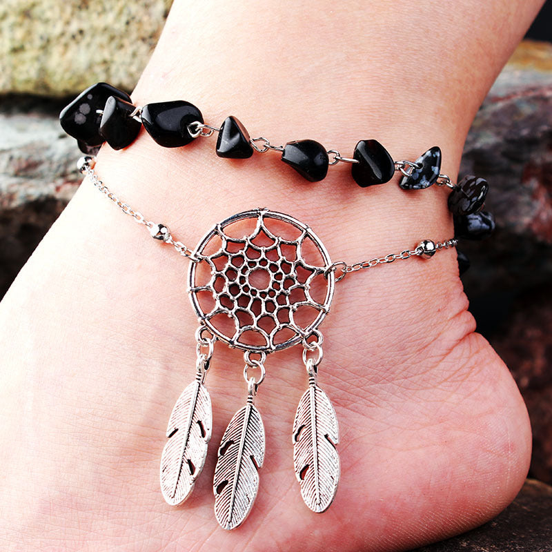 Wholesale Alloy Peacock Turquoise Hollow Dream Catcher Feather Anklet