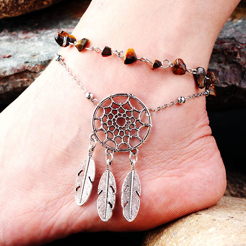 Wholesale Alloy Peacock Turquoise Hollow Dream Catcher Feather Anklet