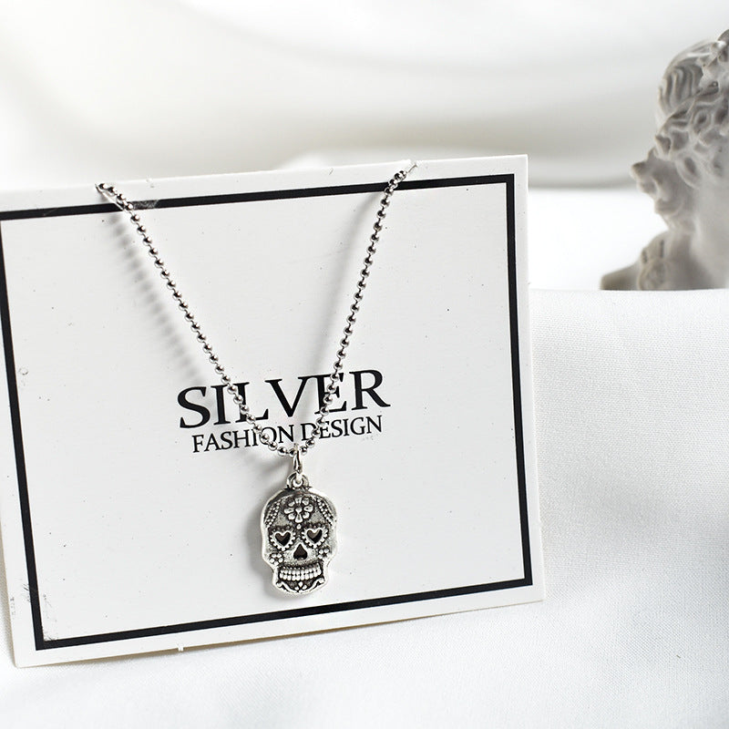 Wholesale S925 Sterling Silver Retro Hipster Skull Clavicle Necklace