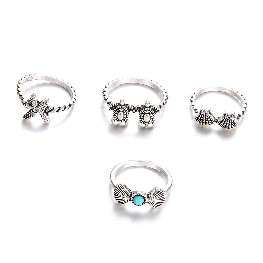 Wholesale Vintage Sea Turtle Starfish Alloy Ring Set of Four