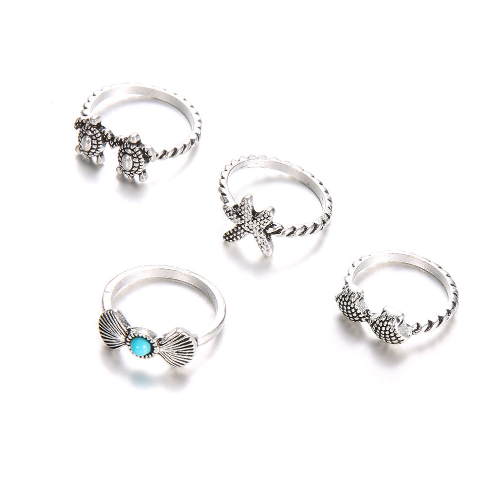 Wholesale Vintage Sea Turtle Starfish Alloy Ring Set of Four