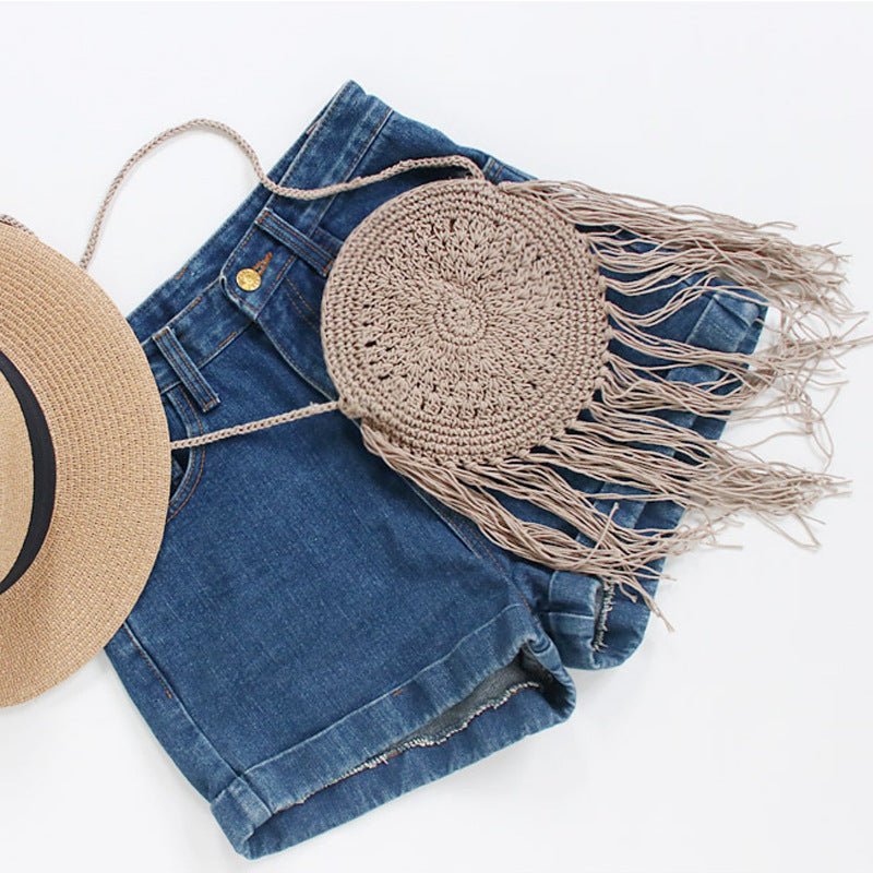 Bolsa de playa con flecos tejidos a mano de hilo de algodón al por mayor