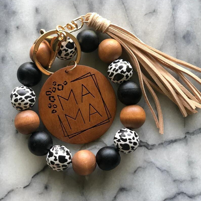 Wholesale Mother's Day Leopard Print Wooden Beads Tassel Bracelet Keychain