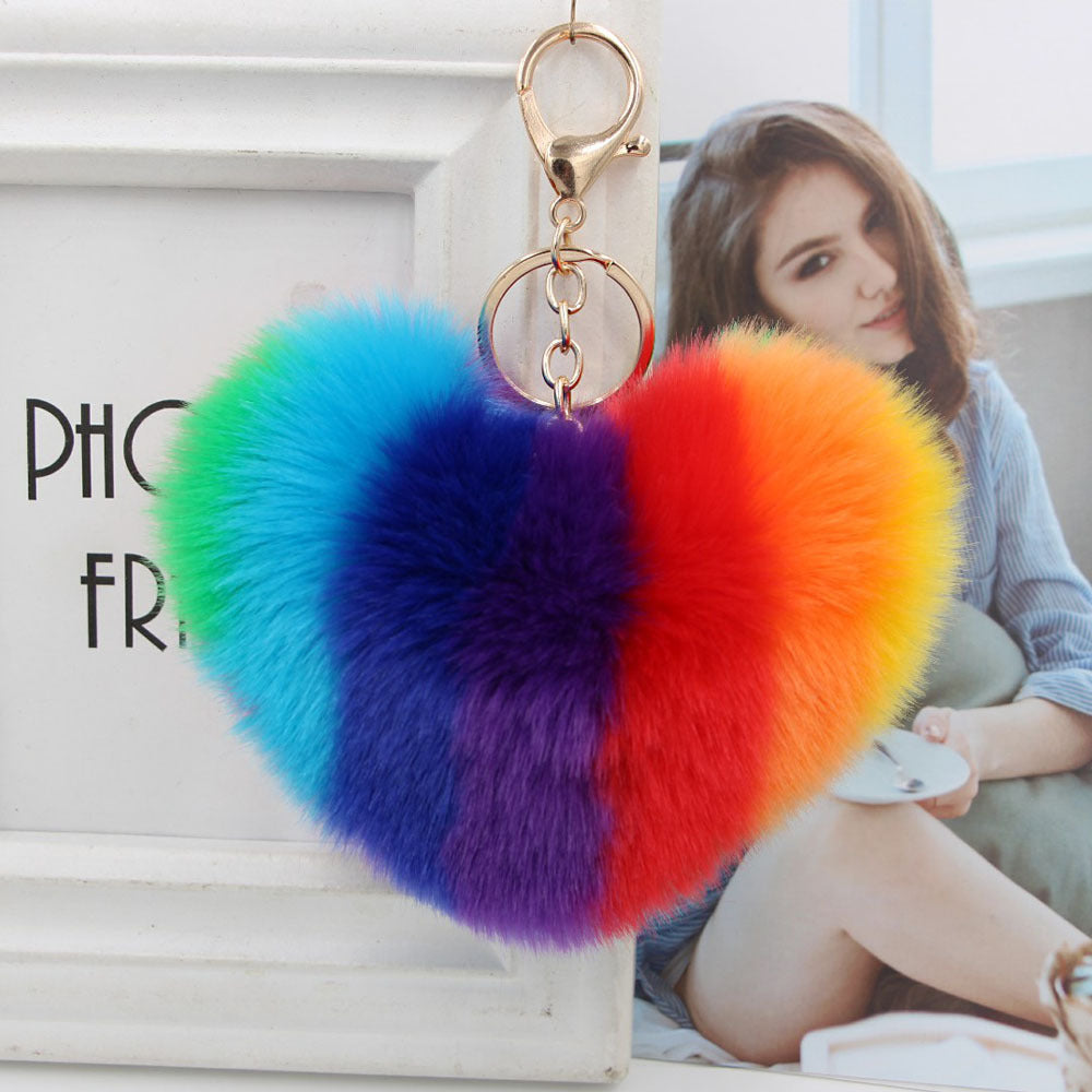 Wholesale Peach Heart Rainbow Imitation Rabbit Fur Keychain