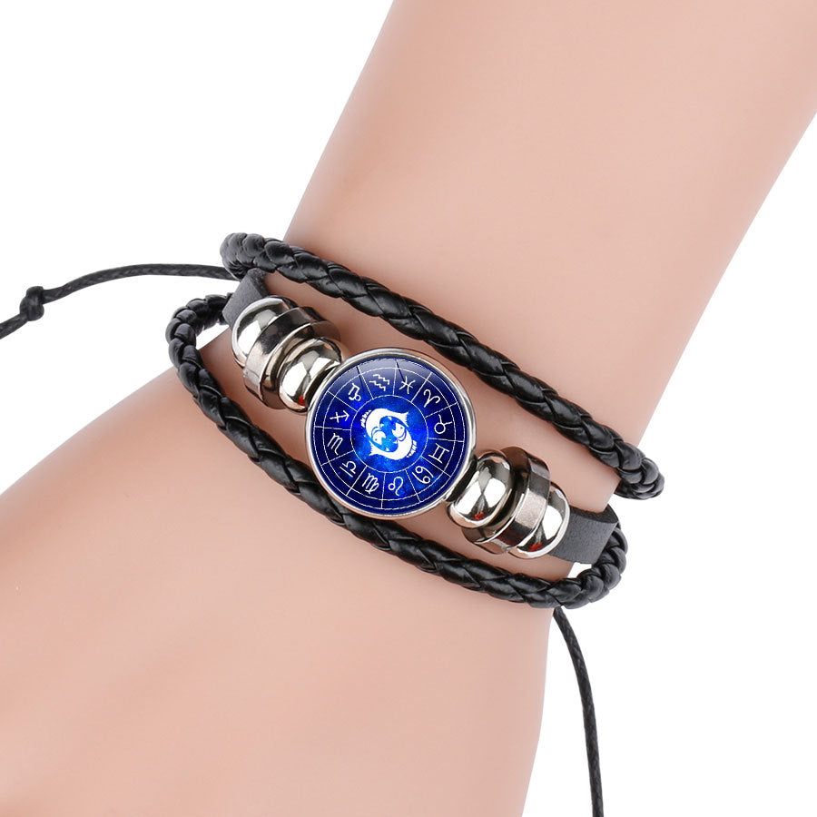 Wholesale Luminous 12 Constellation Time Gems Leather Bracelet