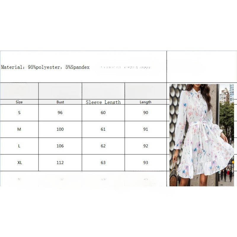 Wholesale Polyester Half Turtle Neck Tie Waist Floral Print Long Sleeve Dress