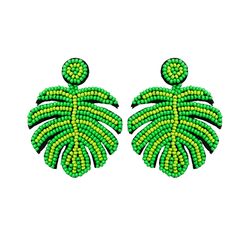 Wholesale Carnival Festival St. Patrick's Day Boho Green Leaf Rice Bead Tassel Earrings OLY-ES-JM001