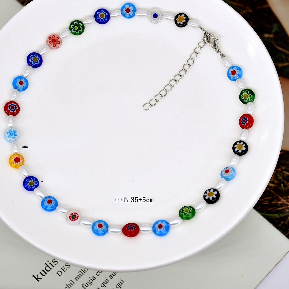 Wholesale Colorful Small Daisy Petal Glass Beads Collarbone Necklace