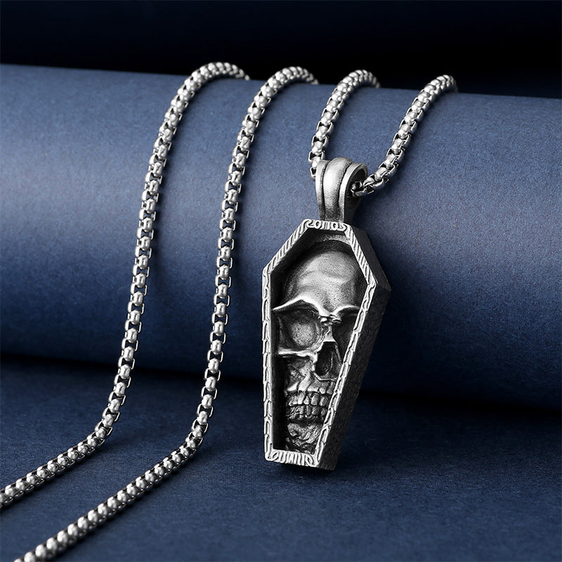 Collares al por mayor de acero inoxidable estilo punk gótico cráneo ataúd colgante collar OLY-NE-MLei001