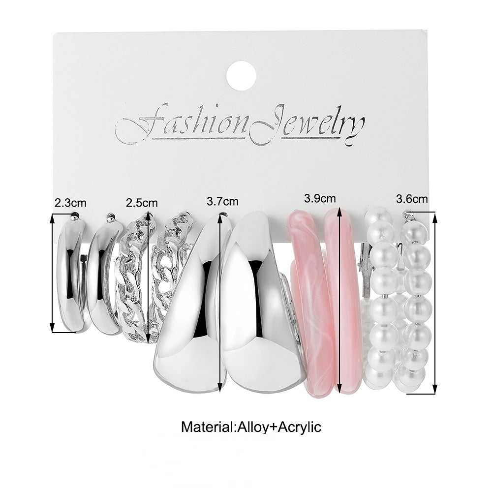 Juego de 5 aretes de aleación de perlas con cadena geométrica en forma de C al por mayor