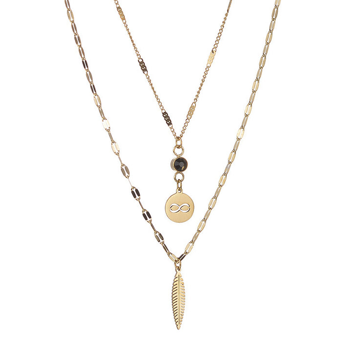 Venta al por mayor de acero inoxidable símbolo inalámbrico pluma diamante negro collar de doble capa