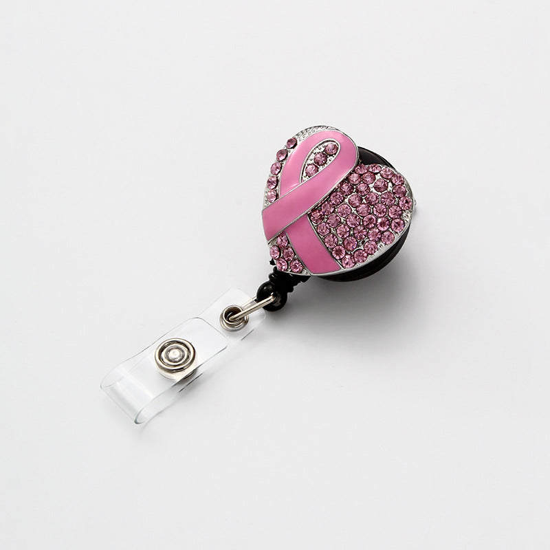Wholesale Badge Reels Pink Ribbon Diamond Retractable Keychain Alloy Keychain