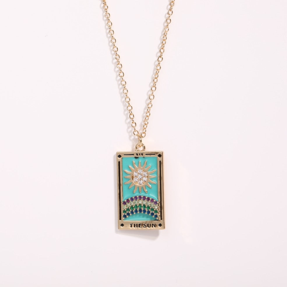 Wholesale Copper Plating Real Gold Retro Tarot Card Necklace with Diamond Square