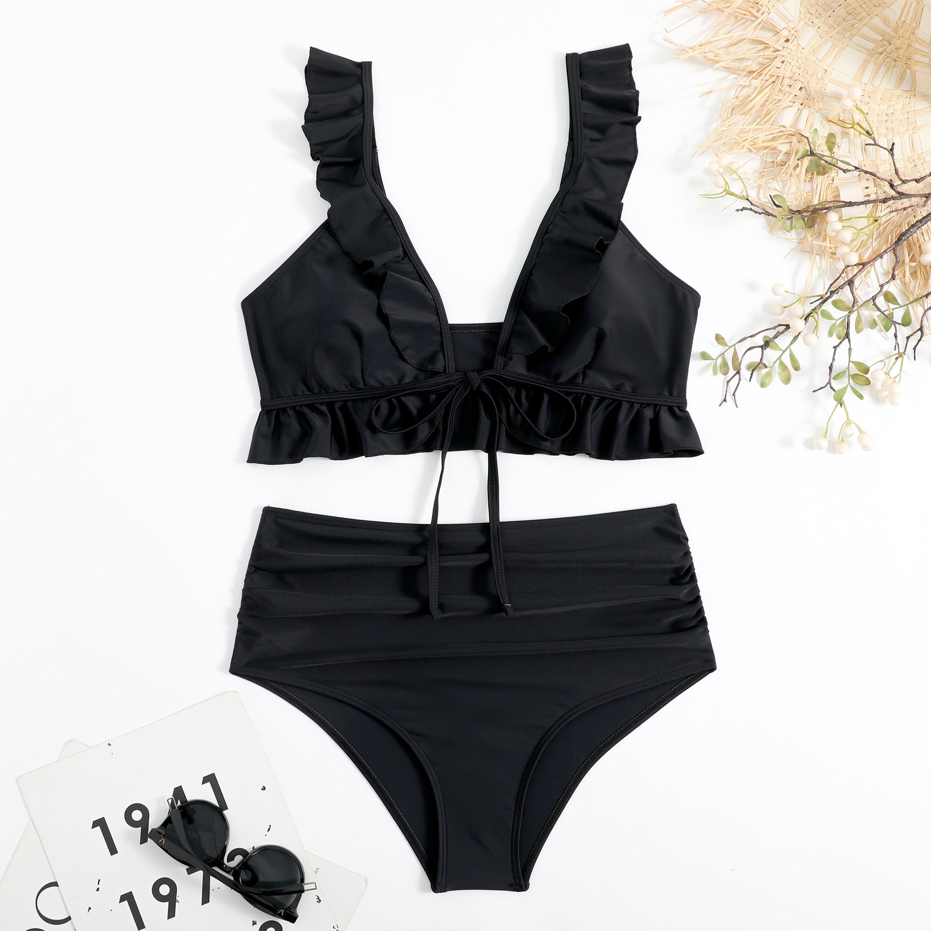Wholesale Plain High-waisted Ruffle Polyester Swimwear