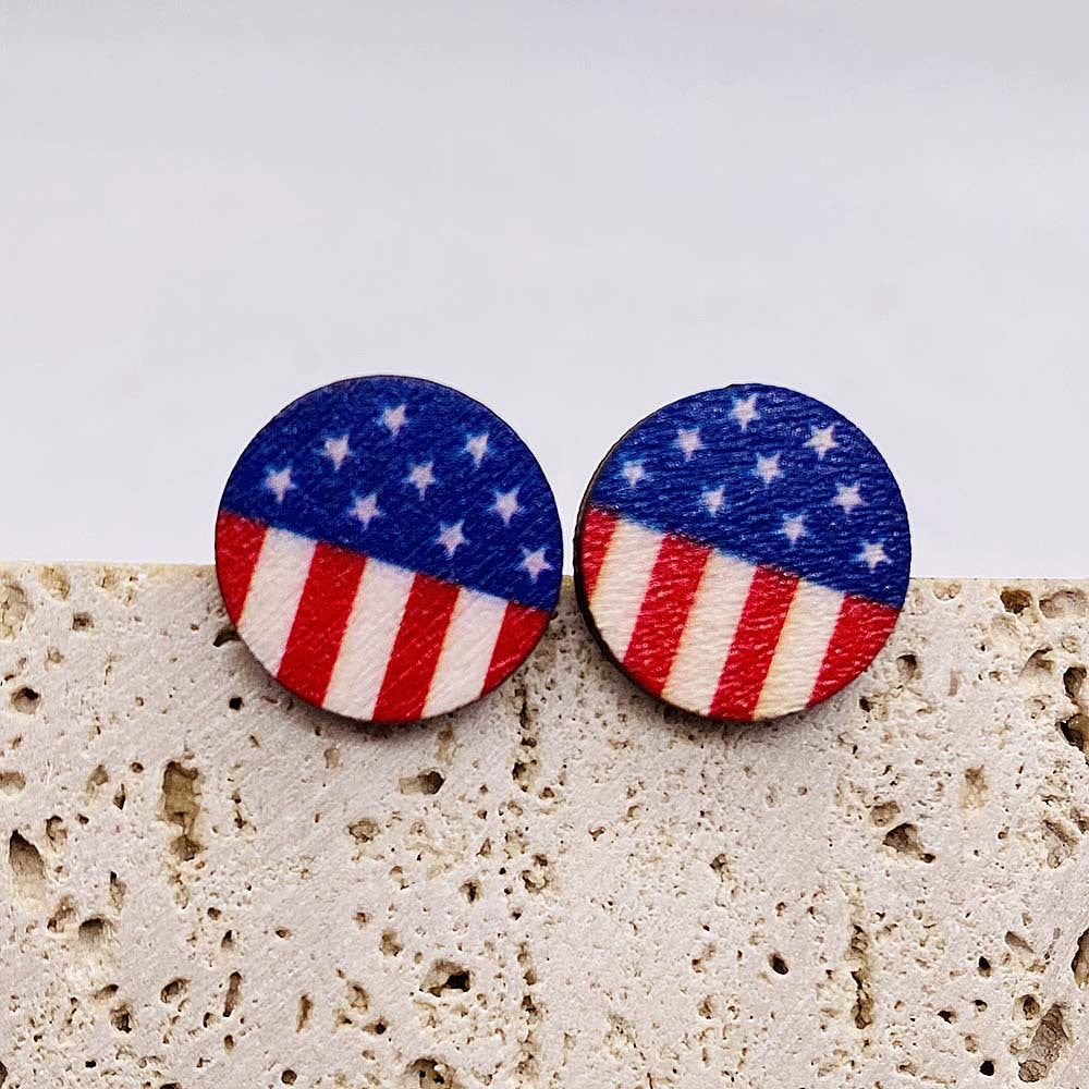 Venta al por mayor Pendientes de botón de madera de la bandera americana del Día de la Independencia