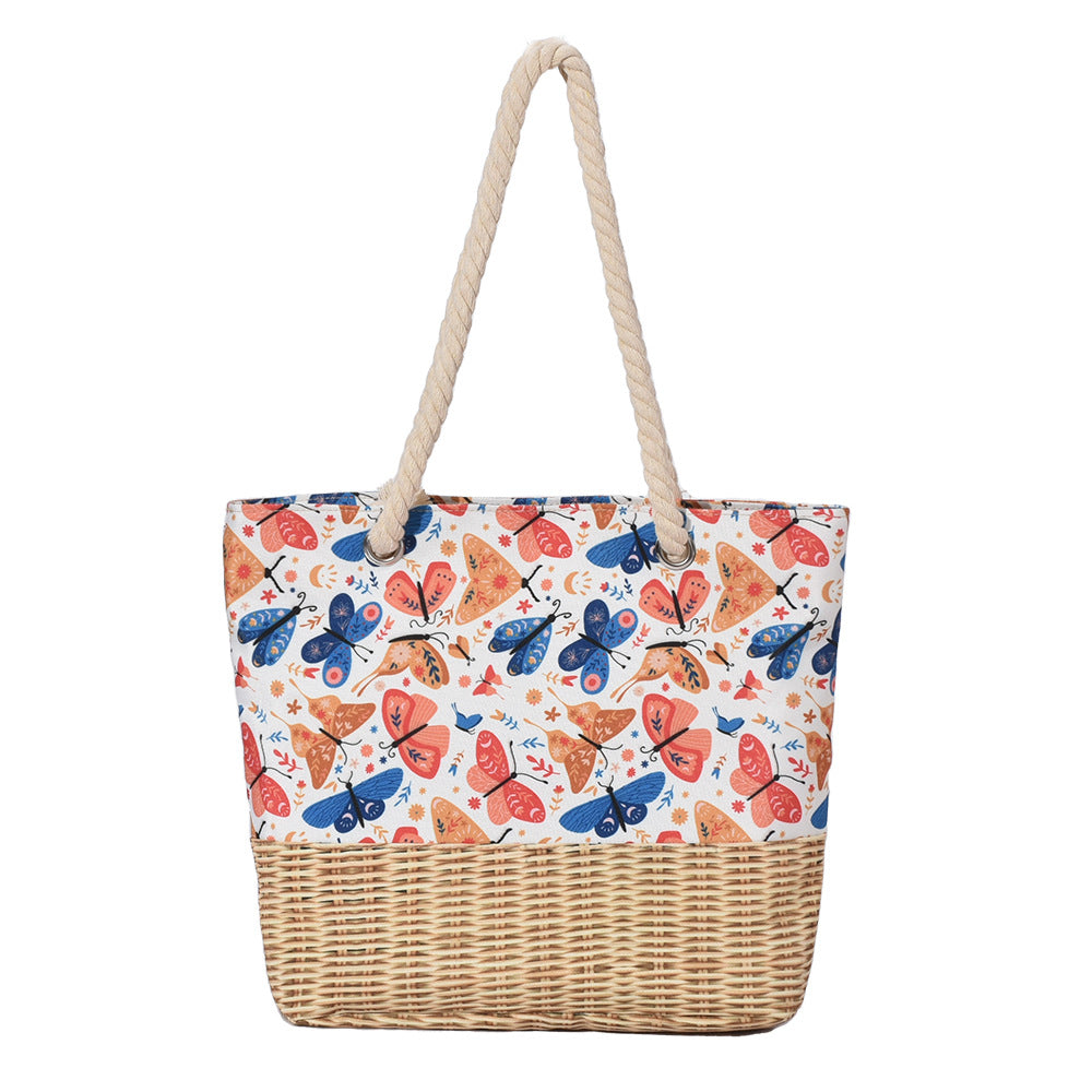 Bolsa de playa de gran capacidad con cremallera de cuerda gruesa con estampado de lona de bambú de paja al por mayor