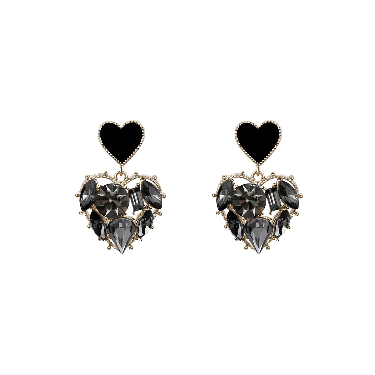 Venta al por mayor Pendientes de corazón de diamantes de imitación negro OLY-ES-FL004