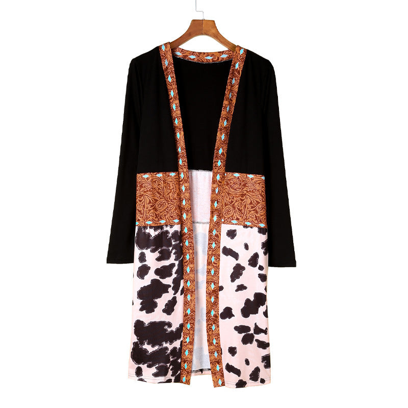 Wholesale Winter Polyester Cow Pattern Western Denim Patchwork Knitted Cardigan Mid Length Jacket