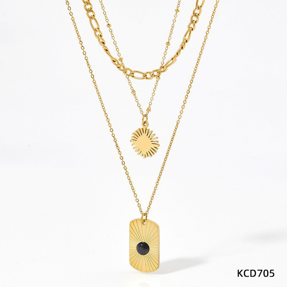 Wholesale Black Onyx Square Plaque Radiant Texture Stainless Steel Gold Plated Necklace