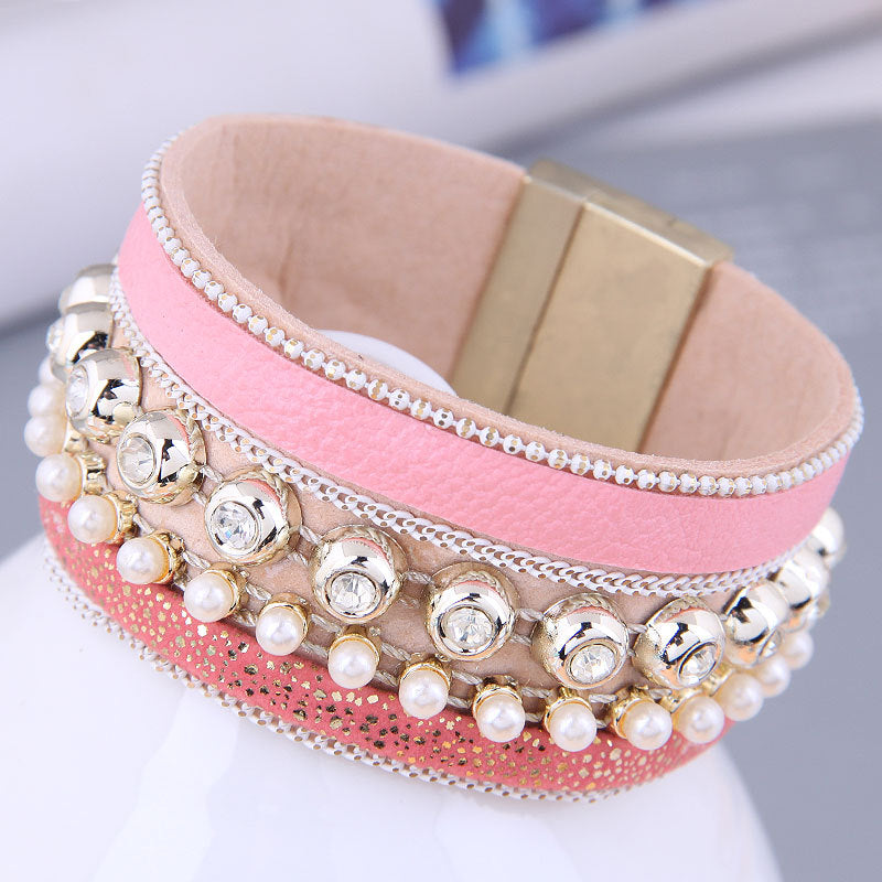 Wholesale Rhinestone Pearl Leather Alloy Bracelet