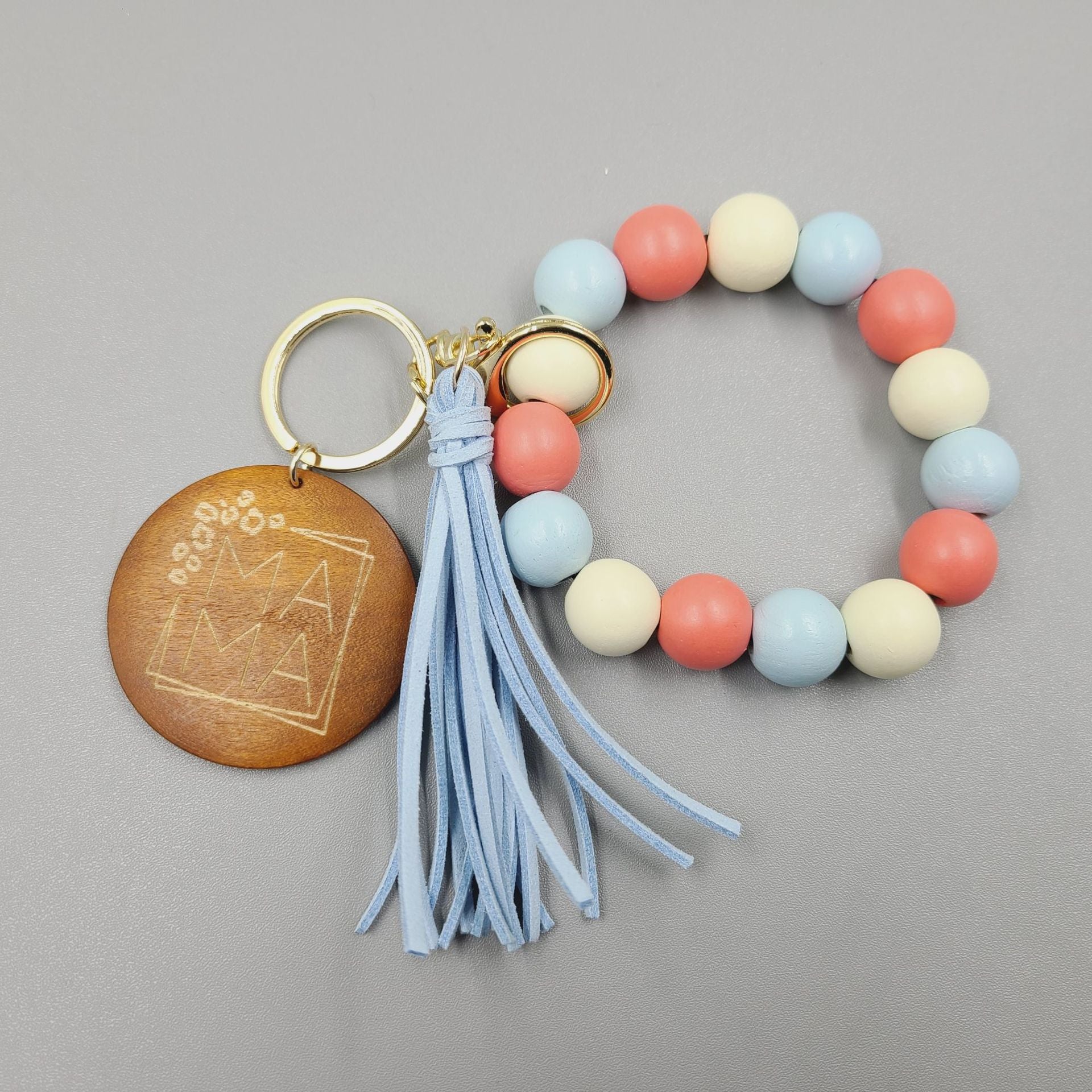 Wholesale 5pcs/pack MAMA Mother's Day Leopard Tassel Silicone Beaded Wrist Keychain