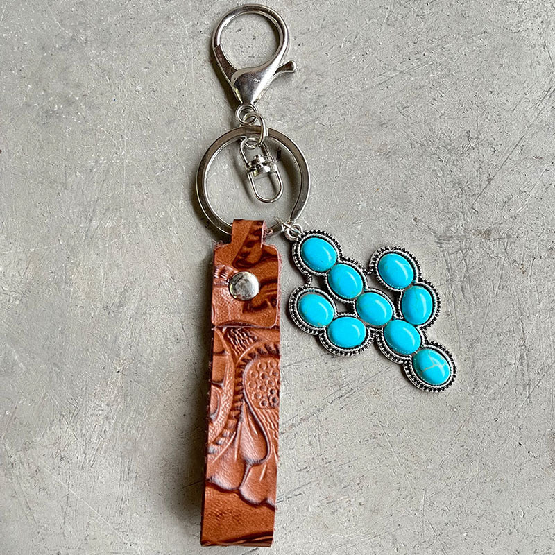 Wholesale One Pack of  TwoWestern Cowboy Style Turquoise Pumpkin Flower Pendant Cowhide Key Chain  2PAIR/PACK