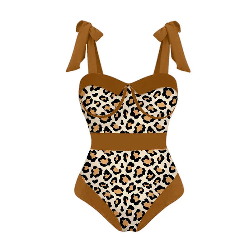 Traje de baño de poliéster de bikini de leopardo de cintura alta al por mayor
