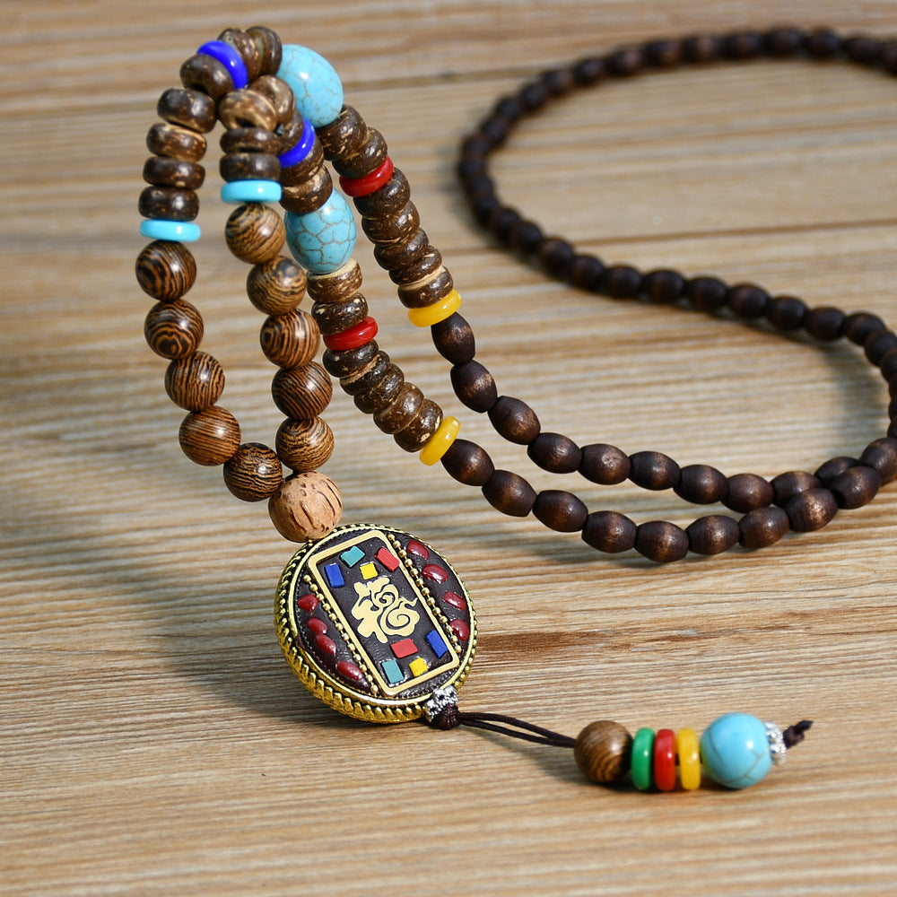 Wholesale ethnic style sweater chain handmade long wooden bead string