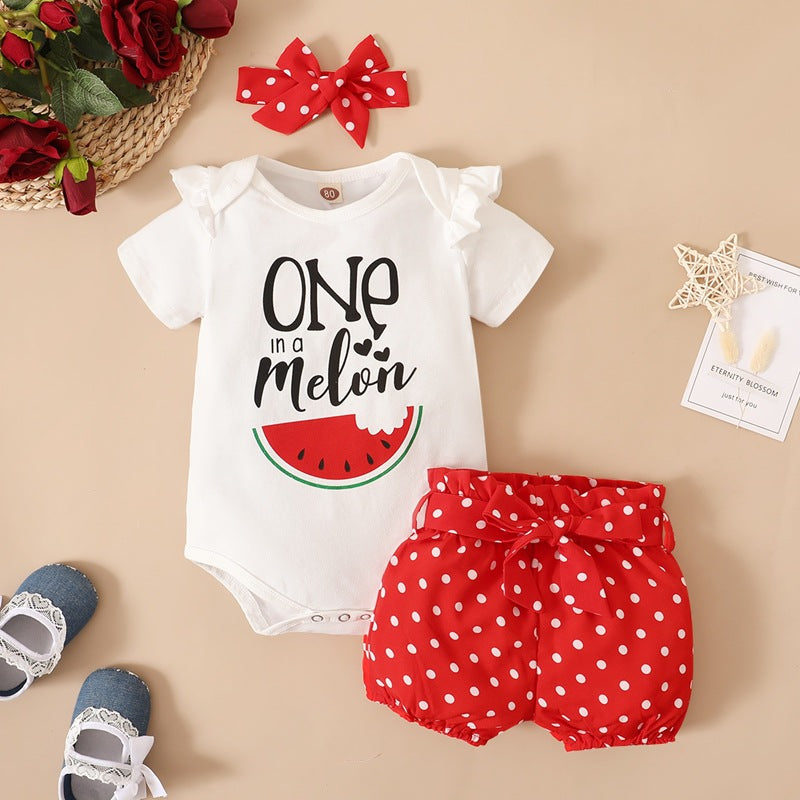 Wholesale Summer Watermelon print Short-sleeved Top + Polka dot Shorts Three-Piece Suit