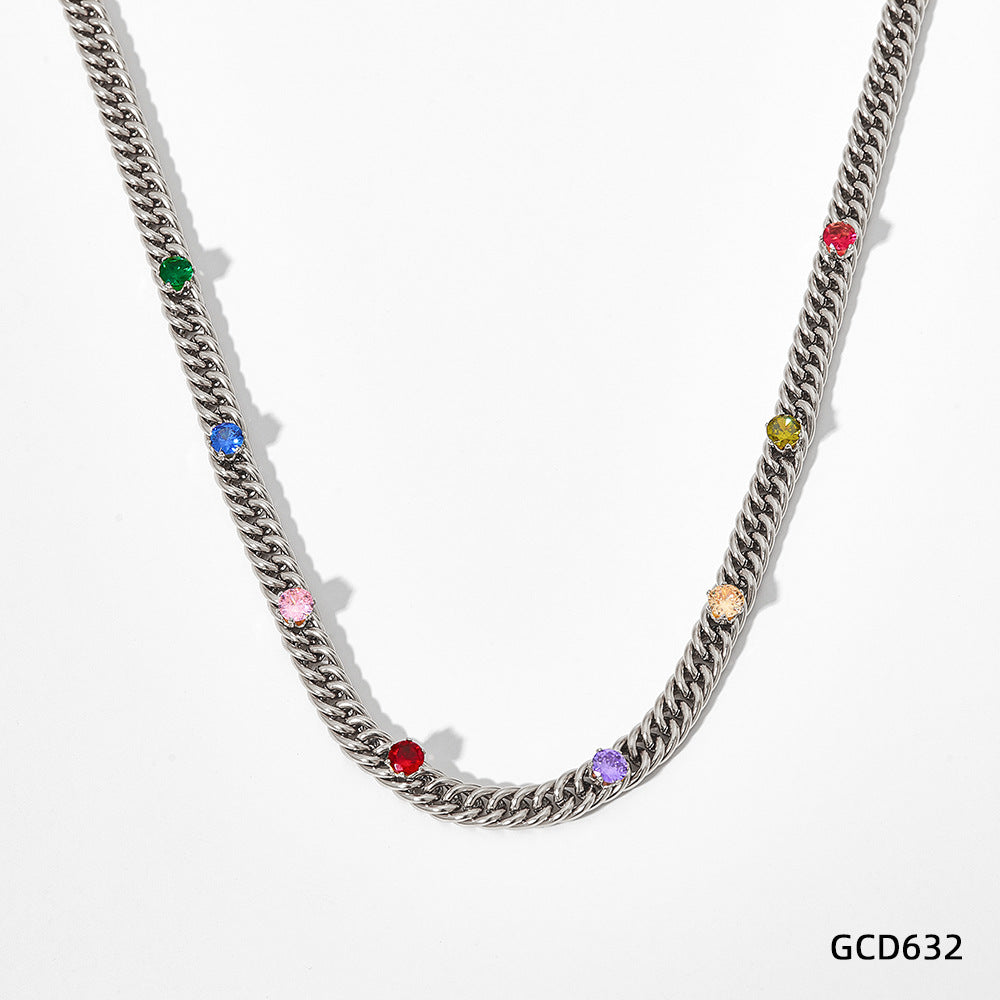 Wholesale Cuban Inlaid Colored Zircon Stainless Steel Gold Plated Necklace