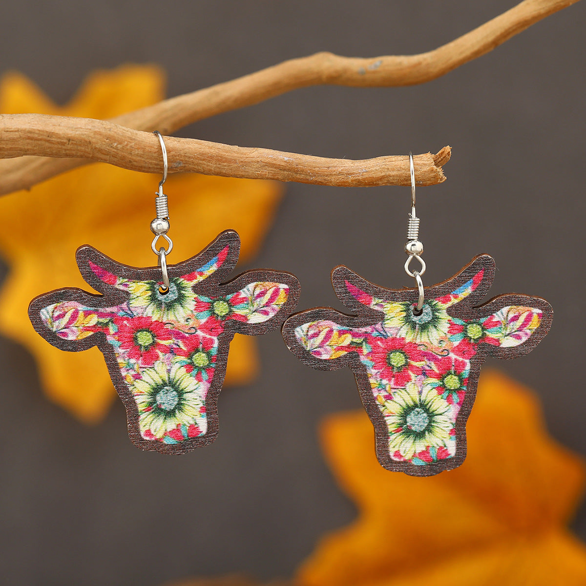 Wholesale Western Wind Cow Head Cow Pattern Leopard Pattern Sunflower Wooden Earrings