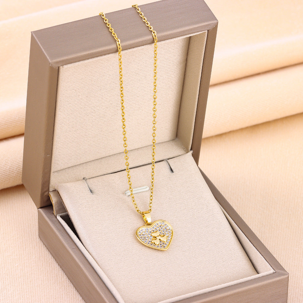 Wholesale Micro Paved Diamond Heart Titanium Steel Necklaces