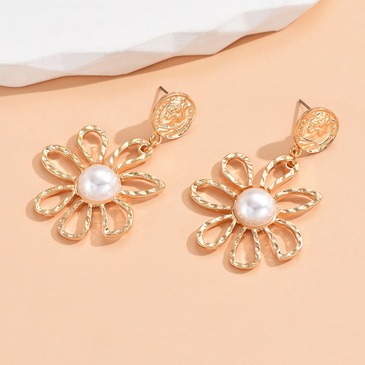 Wholesale Flowers Imitation Pearl Petals Metal Earrings