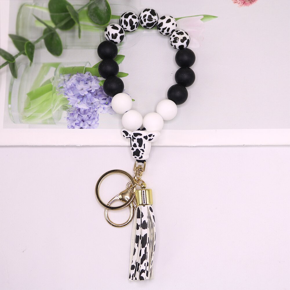 Wholesale Color Cow Silicone Beaded Tassel Wrist Keychain