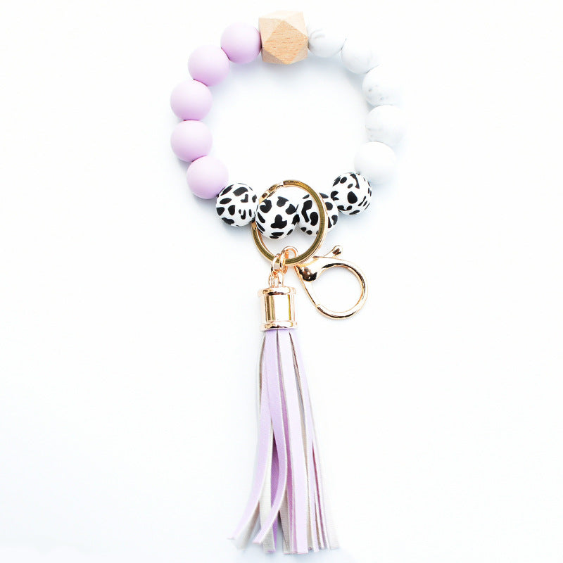 Wholesale Silicone Leopard Pattern Beaded Tassel Wrist Keychain