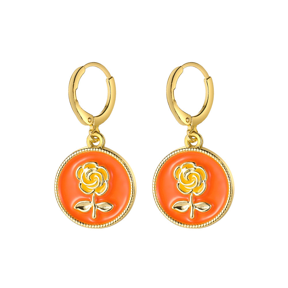 Wholesale Colored Oil Drip Rose Alloy Earrings