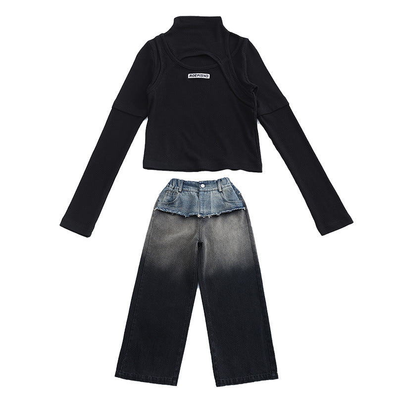 Wholesale Children's Waistband Contrasting Raw Edge Gradient Straight Wide Leg Cotton Jeans