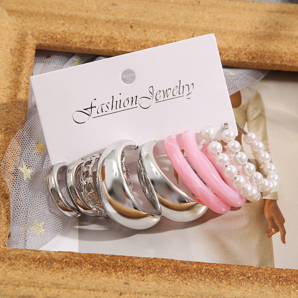 Juego de 5 aretes de aleación de perlas con cadena geométrica en forma de C al por mayor