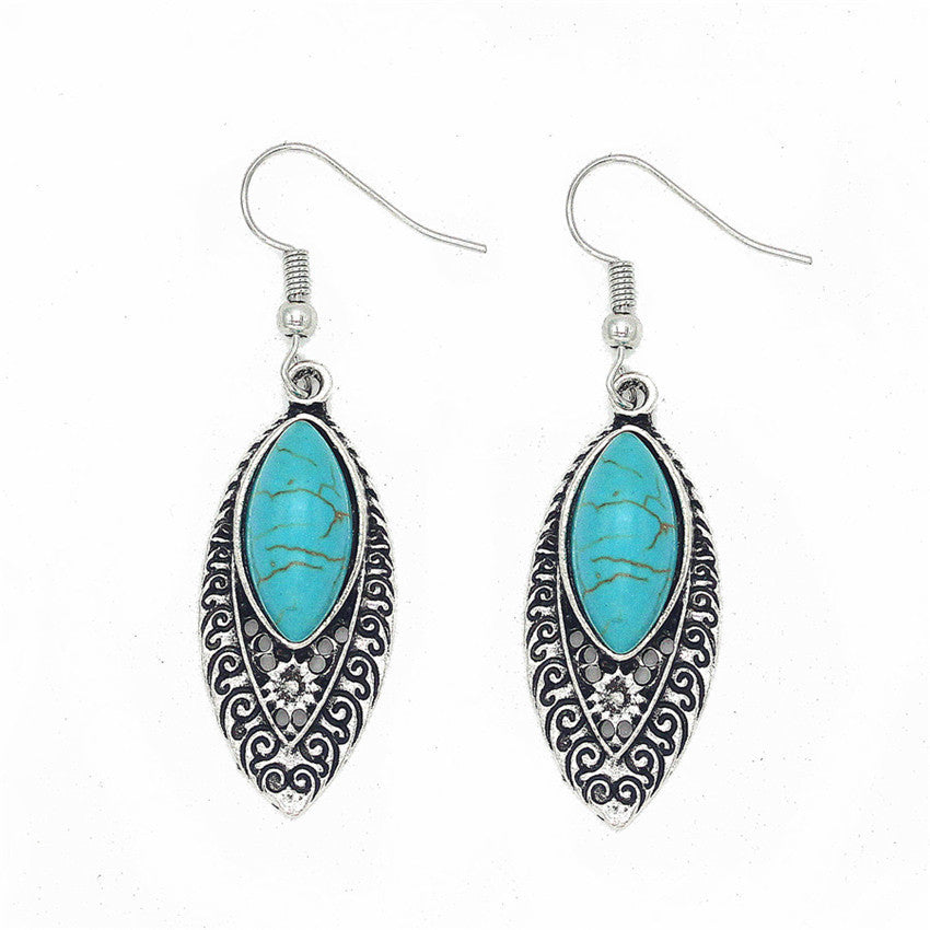 Wholesale Carved Water Drop Turquoise Alloy Earrings