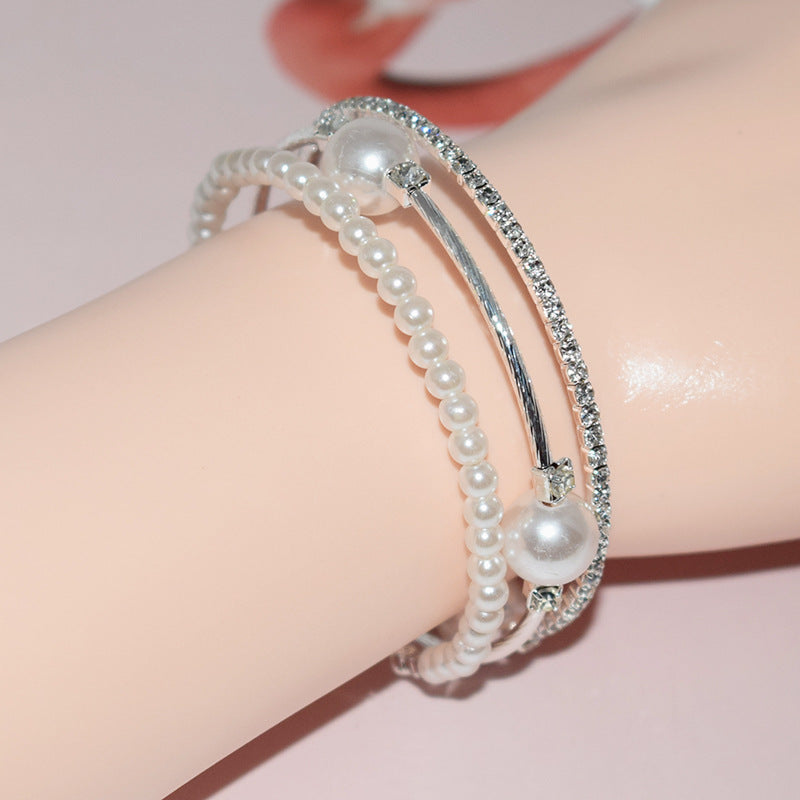 Wholesale Double Layer Pearl Rhinestone Bracelet