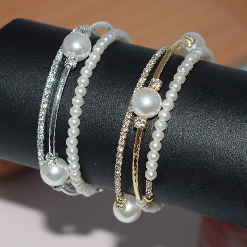 Wholesale Double Layer Pearl Rhinestone Bracelet