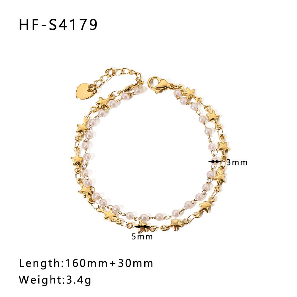 Wholesale Vintage Round Butterfly Natural Stone Zircon Pearl Stainless Steel Bracelet