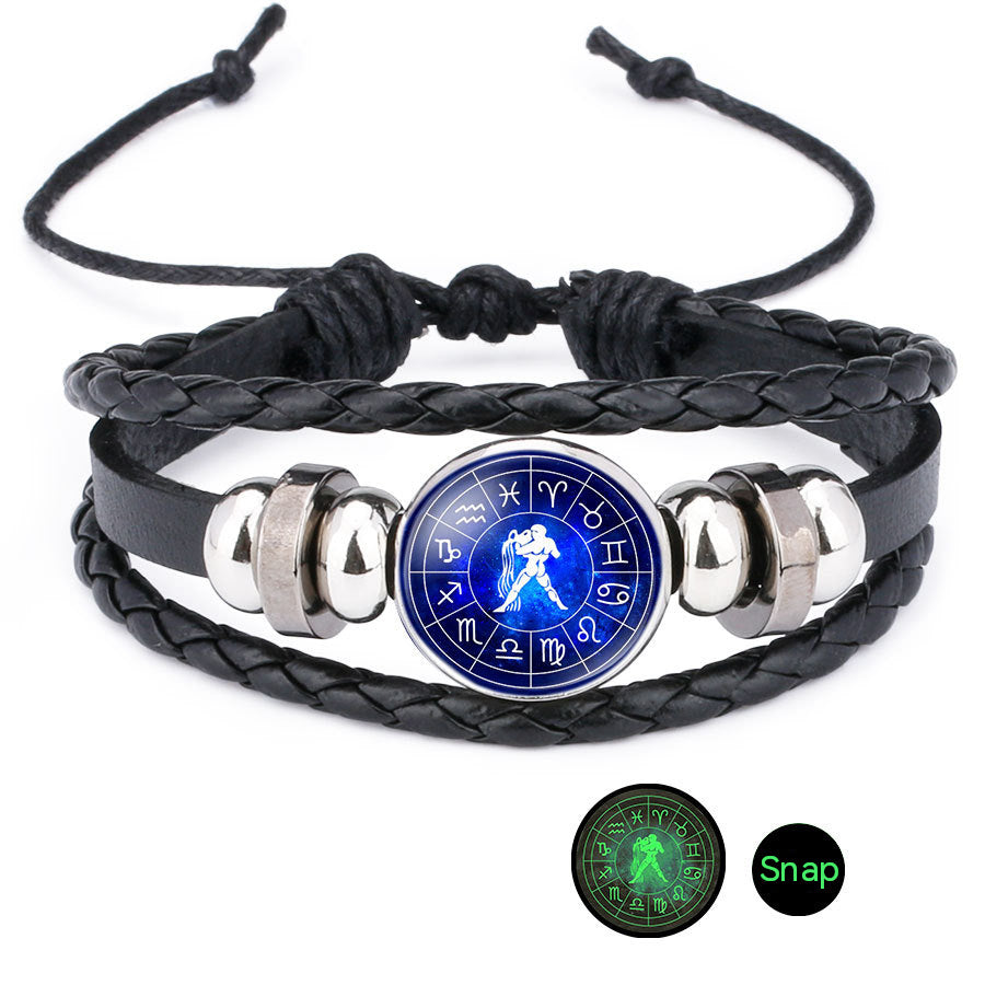 Wholesale Luminous 12 Constellation Time Gems Leather Bracelet